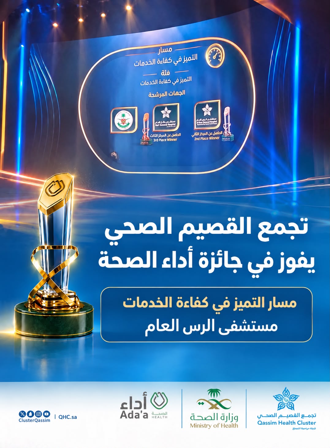 مستشفى الرس العام يحصد المركز الثاني في جائزة «أداء الصحة» لمسار التميز في كفاءة الخدمات